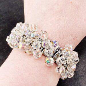 Vintage AB coated clear plastic beaded silver tone metal cha-cha expansion brace